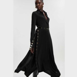 Drapey Crepe Hanky Hem Eyelet Detail Maxi Skirt