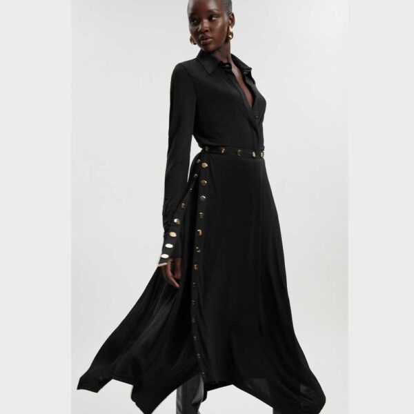 Drapey Crepe Hanky Hem Eyelet Detail Maxi Skirt