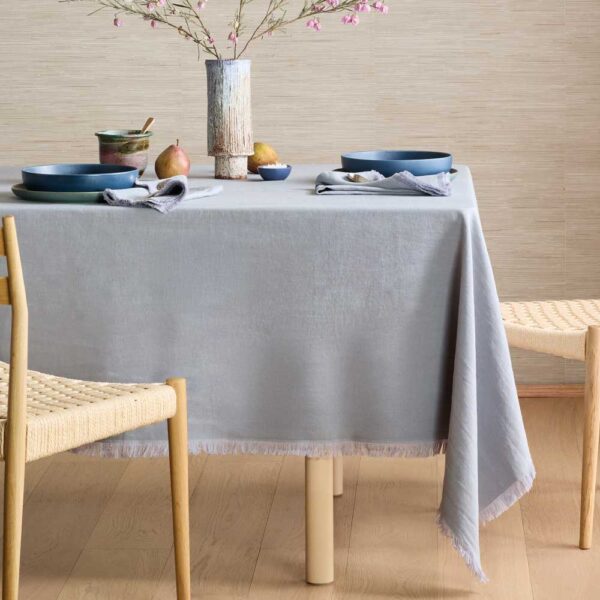 European Linen Fringe Tablecloth Blue Fog
