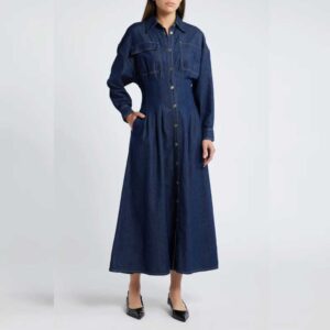 FRAME Nipped Long Sleeve Twill Maxi Dress