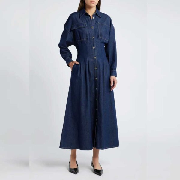 FRAME Nipped Long Sleeve Twill Maxi Dress