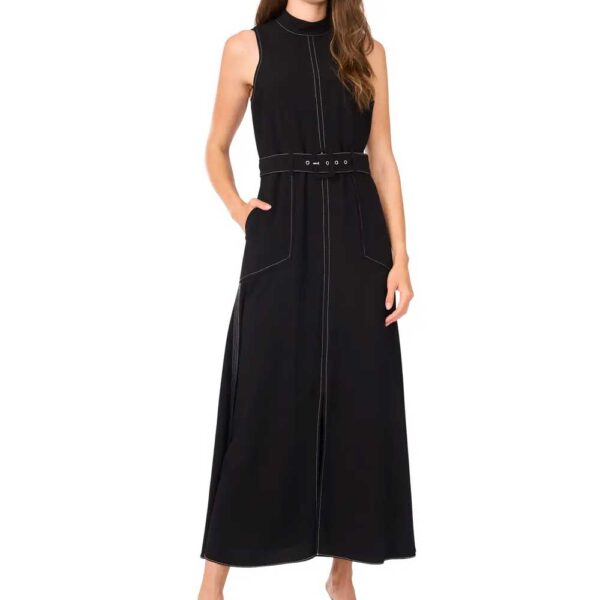 Halogen® Topstitched Mock Neck Midi Dress Rich Black