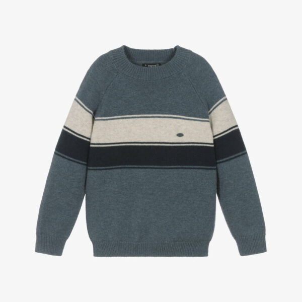 Mayoral Boys Blue Cotton & Wool Knit Striped Sweater