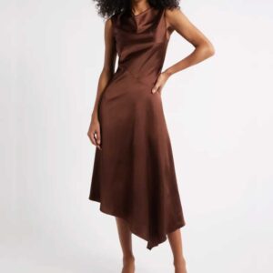 Open Edit Cowl Neck Asymmetric Satin Midi Dress