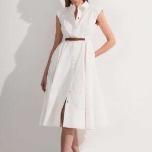 Petite Tailored Cotton Belted Collared Full Midi Dress