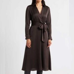 Printed Long Sleeve Faux Wrap Matte Satin Shirtdress