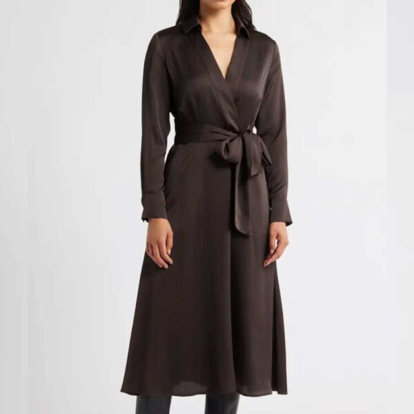 Printed Long Sleeve Faux Wrap Matte Satin Shirtdress