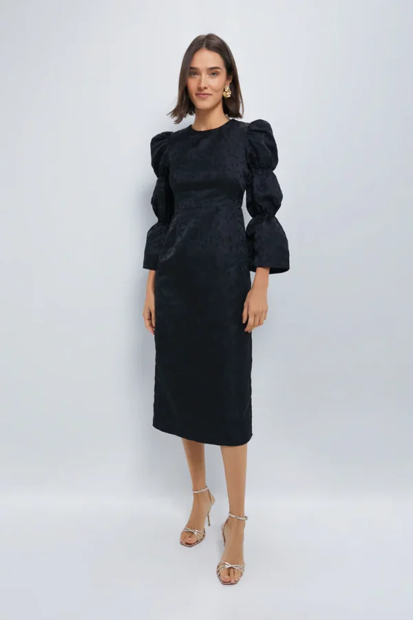 Hyacinth House Black Jacquard Puff Sleeve Midi Darcy Dress