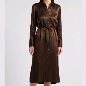 Rails Anina Tie Waist Long Sleeve Satin Midi Shirtdress