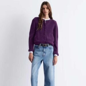 Rib-Knit Cardigan Dark Purple