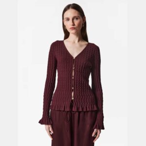 Textured Knit Cardigan Dark Red