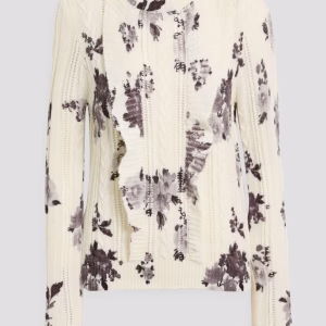 AUTUMN CASHMERE Ruffled floral-print pointelle and cable-knit cashmere sweater