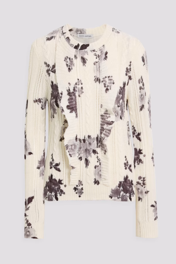 AUTUMN CASHMERE Ruffled floral-print pointelle and cable-knit cashmere sweater