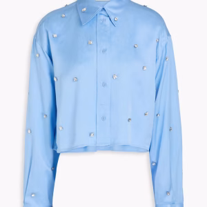 SANDRO Cropped crystal-embellished crepe de chine shirt