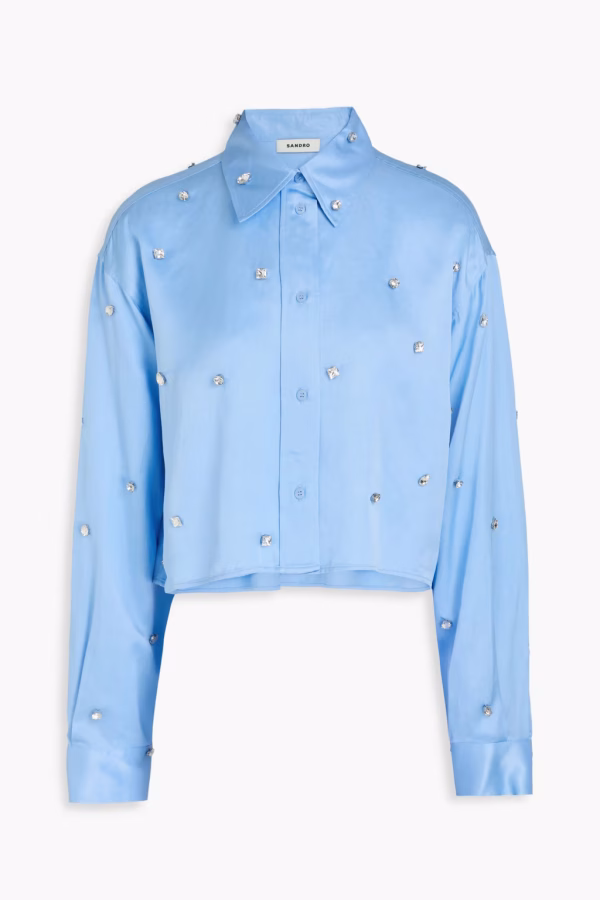 SANDRO Cropped crystal-embellished crepe de chine shirt