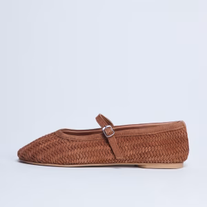Topshop Bonnie woven real suede mary jane ballet flats in tan suede