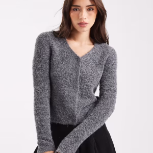 ASOS DESIGN neat fit v neck boucle cardigan in charcoal