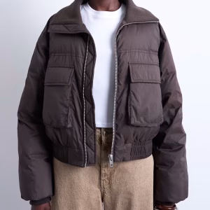 Topshop short puffer bomber jacket with ribbed collar in chocolate
