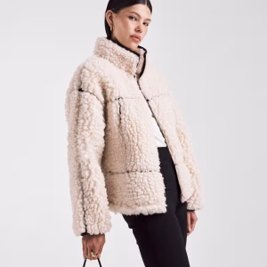 ASOS DESIGN high pile borg zip through in cream with PU trim detail