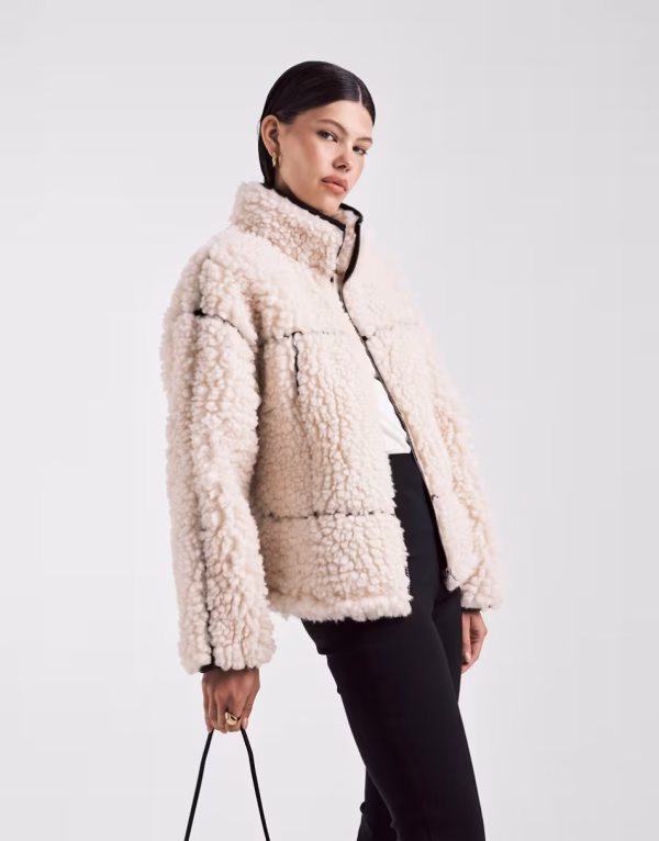 ASOS DESIGN high pile borg zip through in cream with PU trim detail