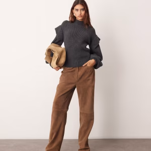ARRANGE engineered knit sculpted sweater with shoulder detailing in charcoal