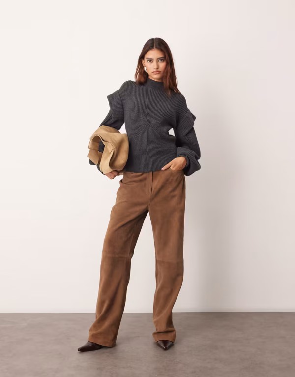 ARRANGE engineered knit sculpted sweater with shoulder detailing in charcoal