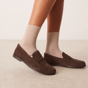 ASOS DESIGN Mayfair premium ruched loafers in brown suede