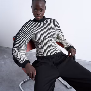 Topshop cocoon plated ribbed sweater in black and white