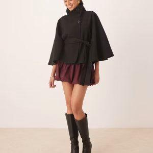 Gina Tricot funnel neck belted cape jacket in black