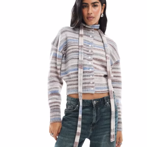 Daisy Street space dye striped heathered button up cardigan with scarf in multi