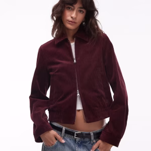 ARKET corduroy blouson jacket with zip front in burgundy