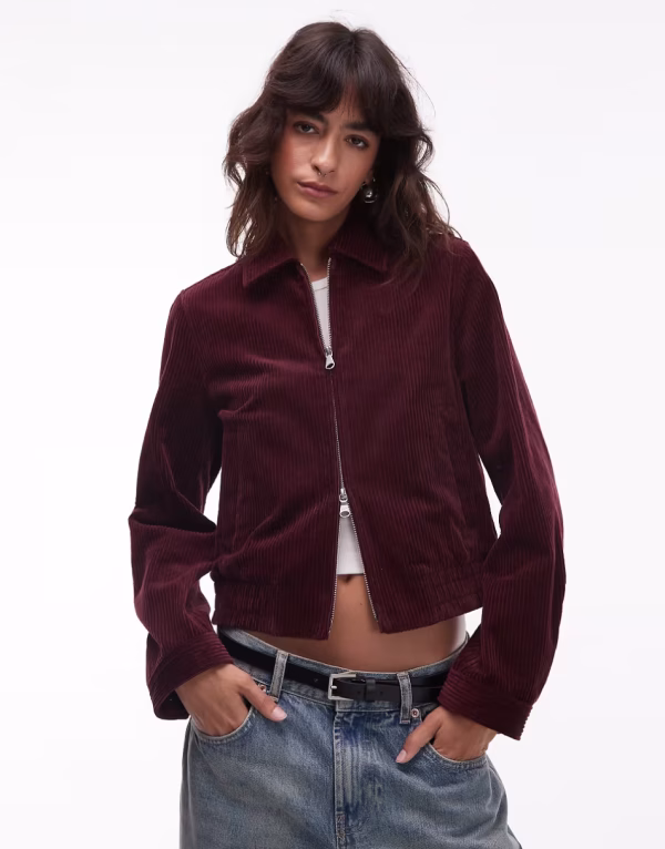 ARKET corduroy blouson jacket with zip front in burgundy