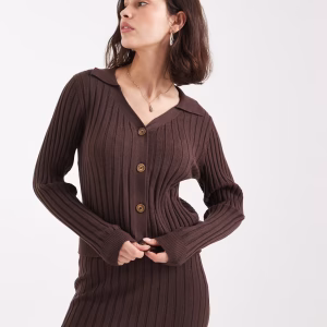 Object ribbed knit button front polo in chocolate brown - part of a set
