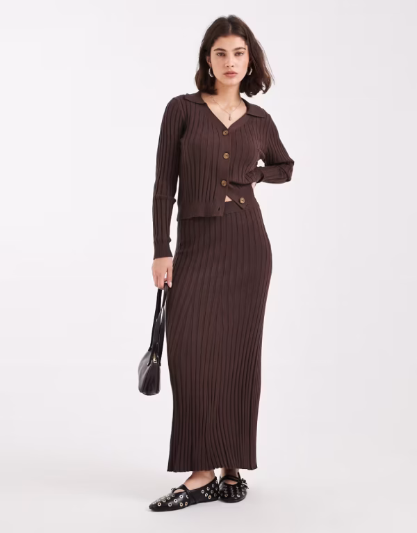 Object ribbed knit maxi skirt in chocolate brown - part of a set