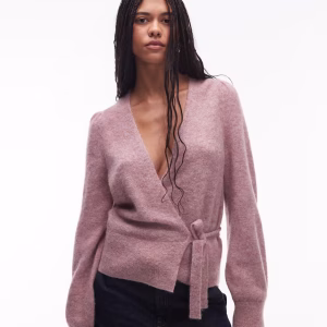 & Other Stories mohair & wool blend hairy yarn wrap cardigan with puff sleeves in pink