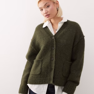 Weekday wool blend relaxed fit v neck cardigan in heathered dark green