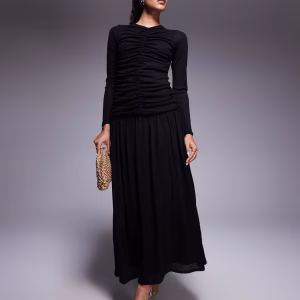 ASOS DESIGN textured ribbed long sleeve ruched front maxi dress in black