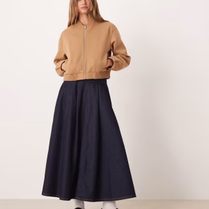 ASOS DESIGN denim circle skirt with pleated waist in rinse wash