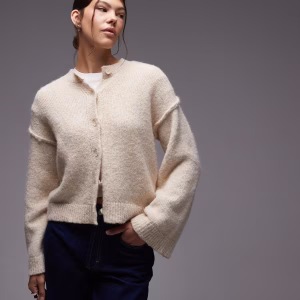ASOS DESIGN wool blend knit cardigan with exposed seams in cream