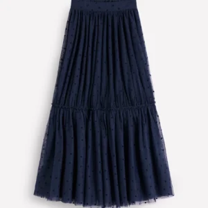 Anna Tulle Midi Skirt Navy Flocked Spot