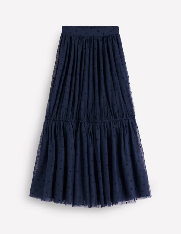Anna Tulle Midi Skirt Navy Flocked Spot