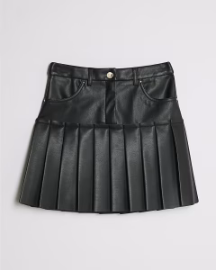 Girls Black Faux Leather Pleated Skirt