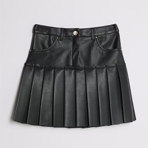 Girls Black Faux Leather Pleated Skirt