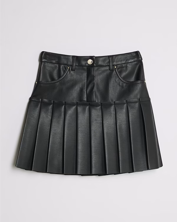 Girls Black Faux Leather Pleated Skirt