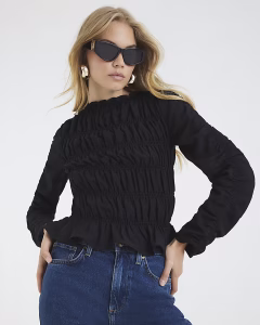 Black Shirred Long Sleeve Top
