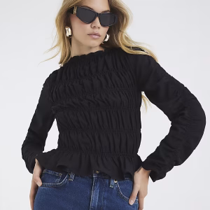 Black Shirred Long Sleeve Top