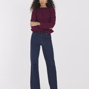 Red Shirred Long Sleeve Top