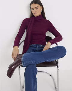 Red Long Sleeve Scarf Neck Ribbed Top