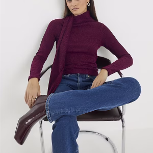 Red Long Sleeve Scarf Neck Ribbed Top