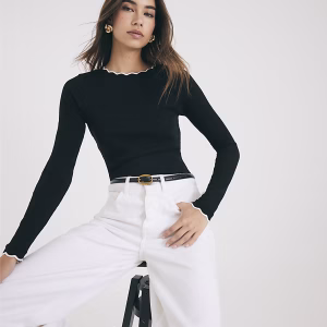 Black Long Sleeve Scallop Trim Top